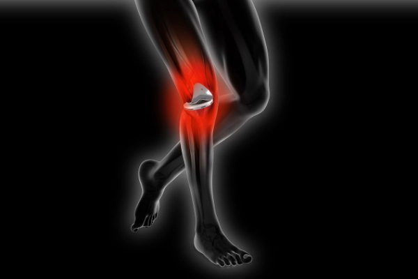 Drawn legs with knee prosthesis with red area around symbolizing pain