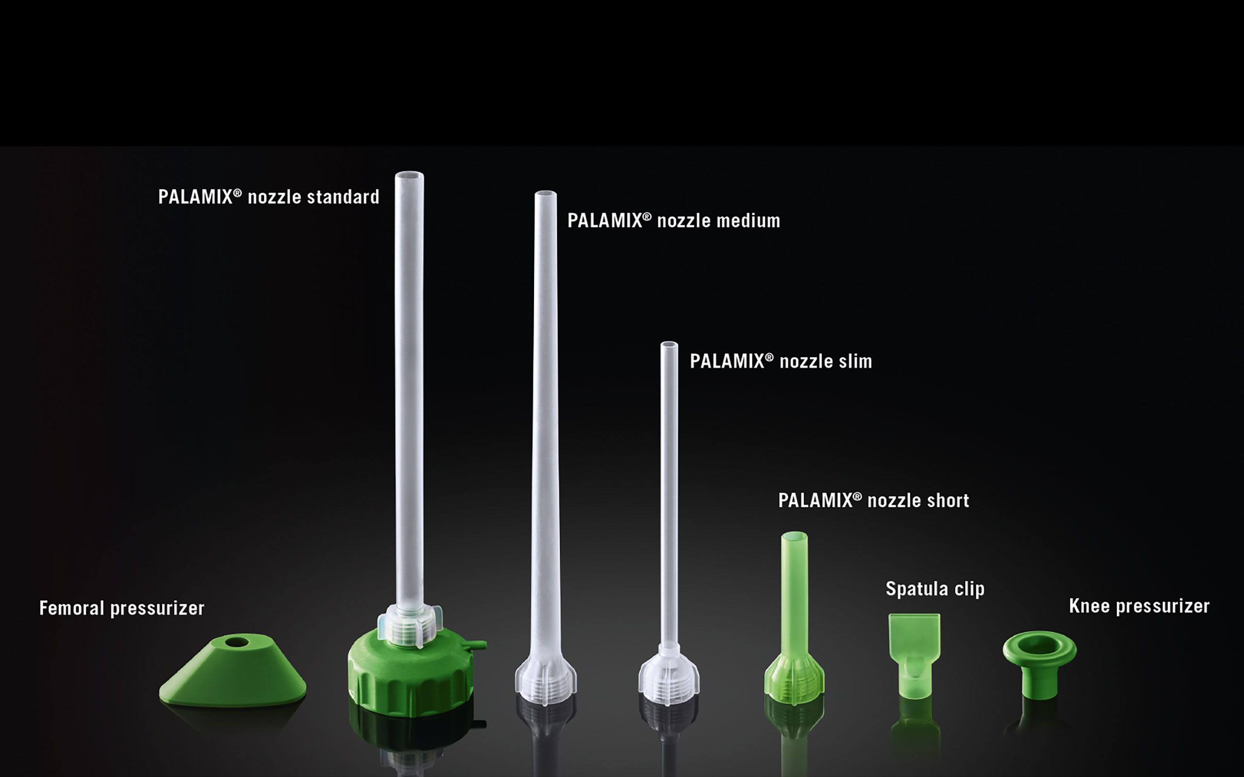 PALAMIX nozzles and pressurisers: Femoral pressuriser, PALAMIX nozzle standard, PALAMIX nozzle medium, PALAMIX nozzle slim, PALAMIX nozzle short, spatula clip, knee pressurizer.