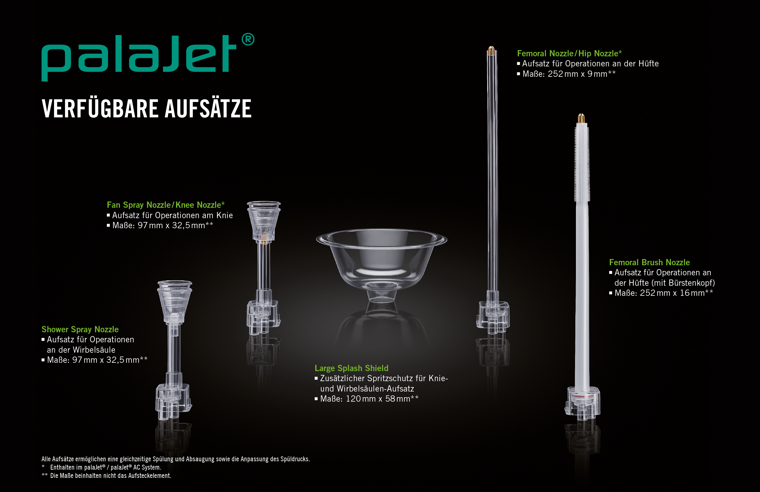palaJet - Verfügbare Aufsätze/Nozzle: Shower Spray Nozzle, Fan Spray Nozzle/ Knee Nozzle, Large Splash Shield, Femoral Nozzle/ Hip Nozzle, Femoral Blush Nozzle