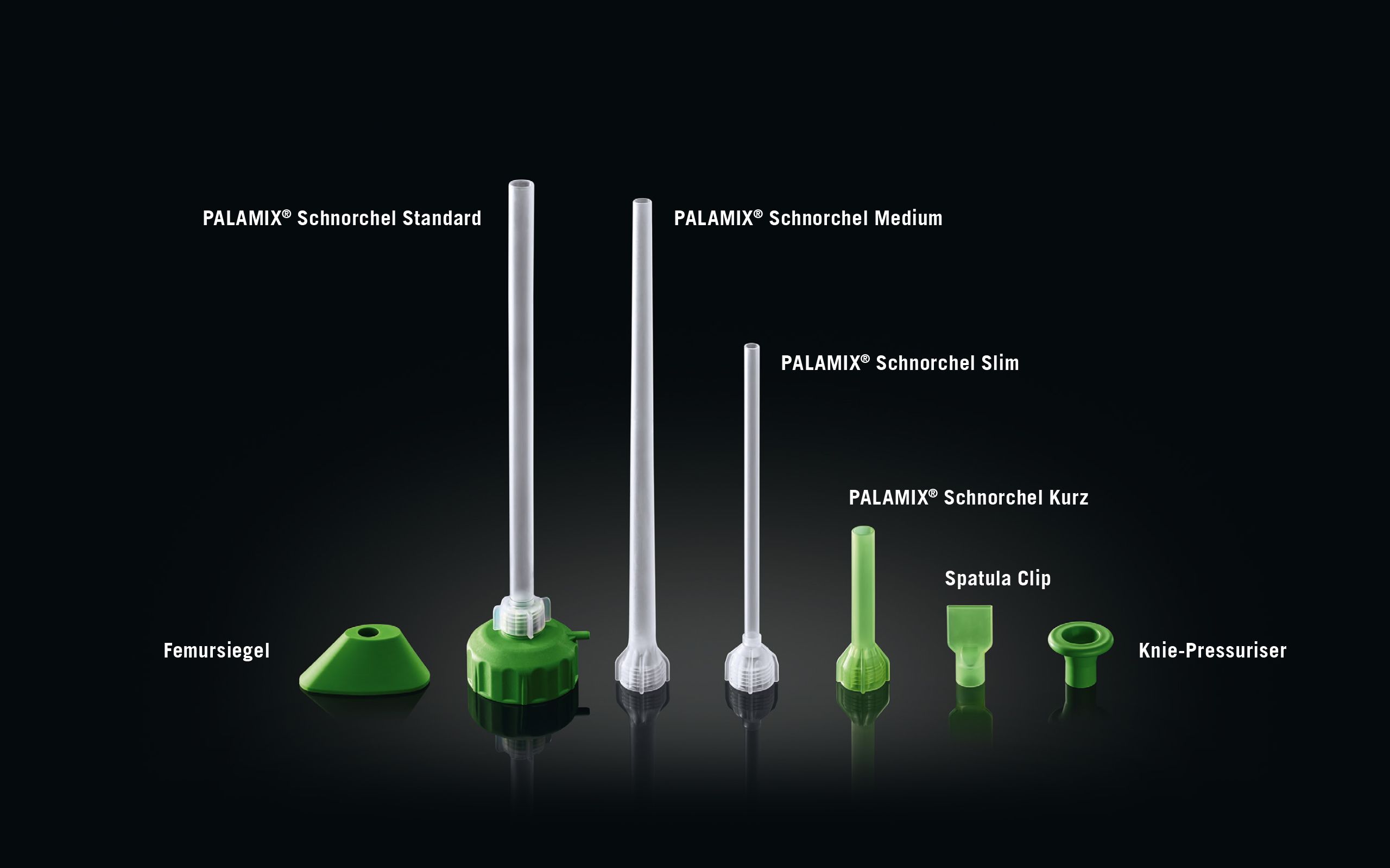 Verfügbare Schnorchel und Pressuriser zu PALAMIX: Femursiegel, PALAMIX Schnorchel Standard, PALAMIX Schnorchel Medium, PALAMIX Schnorchel Slim, PALAMIX Schnorchel kurz, Spatula Clip, Knie-Pressuriser