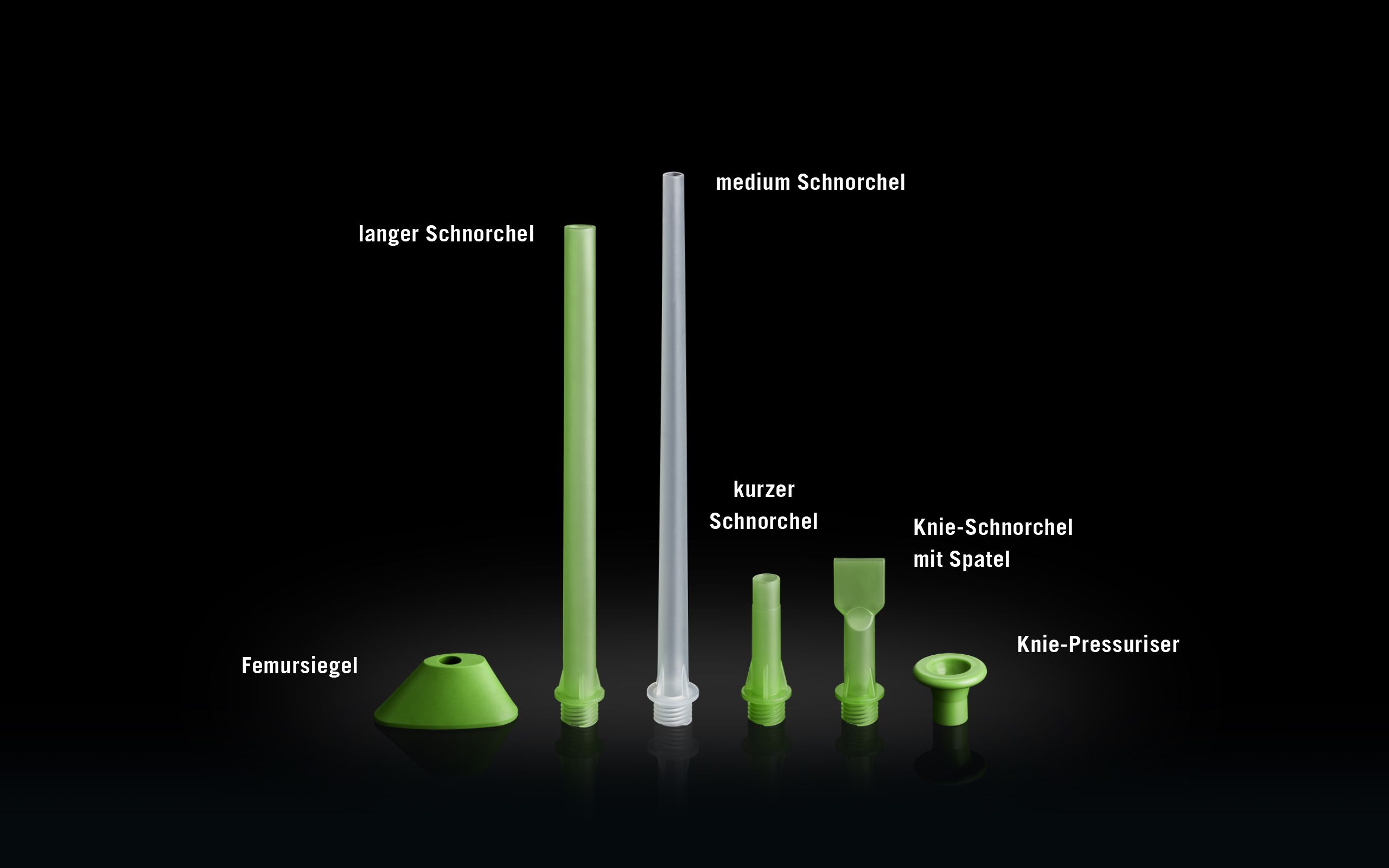 pro All-In-One Fixation System verfügbares Zubehör: Femursiegel, langer Schnorchel, medium Schnorchel, kurzer Schnorchel, Knie-Schnorchel mit Spatel, Knie-Pressuriser