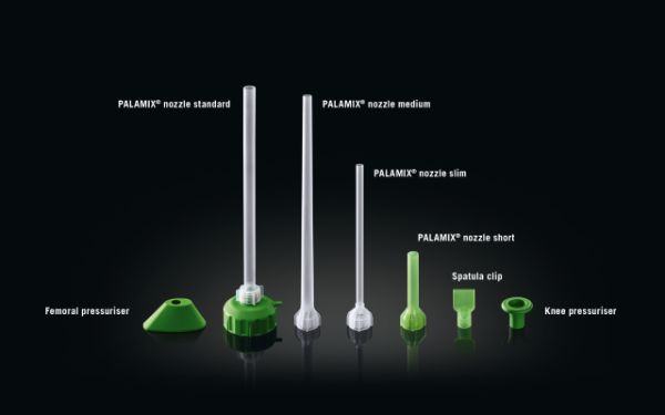 PALAMIX nozzles and pressurisers: Femoral pressuriser, PALAMIX nozzle standard, PALAMIX nozzle medium, PALAMIX nozzle slim, PALAMIX nozzle short, spatula clip, knee pressuriser