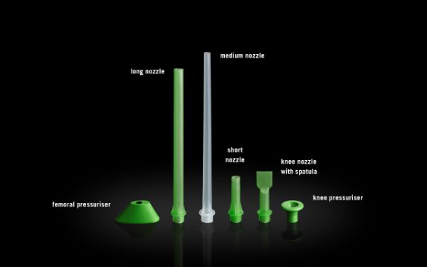 PALCOS MV+G pro nozzles and pressurisers: femoral pressuriser, long nozzle, medium nozzle, short nozzle, short nozzle with spatula, knee pressuriser