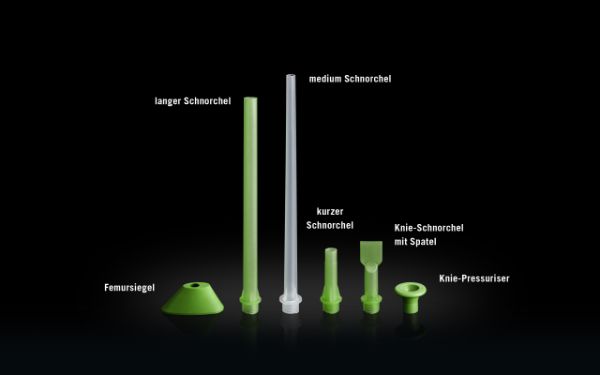 Verfügbare Schnorchel und Pressuriser zu PALACOS R+G pro: Femursiegel, langer Schnorchel, medium Schnorchel, kurzer Schnorchel, Knie-Schnorchel mit Spatel, Knie-Pressuriser